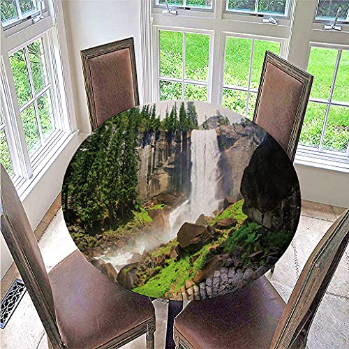 FANSU 3D Tischdecke Rund Abwaschbar, Wald Druck Wasserdicht Elastische Ränder Tischdecken Fleckschutz Ölfest Tischdecke für Garten Outdoor Deko (Wasserfall,170cm) von FANSU