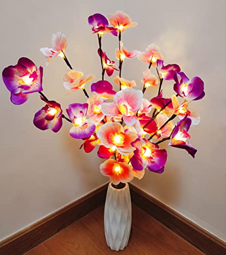 Fantasee Weiße Orchideen-Zweig-Lichter, 20 LEDs künstliche Phalaenopsis-Astlichter batteriebetrieben Flexibler Zweig Dekor-Lichter für Zuhause Schaufenster Vase Weihnachten (2 Packungen, Rosa + Lila) von Fantasee