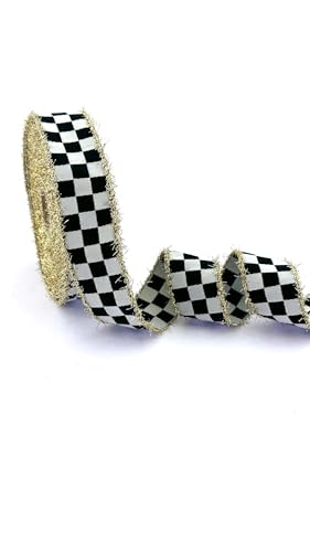 Schwarz-weiß kariertes Band mit goldfarbenem Fransenrand – 3,1 cm breit, 9,1 m lang – dekoratives Weihnachtsband für Bastelarbeiten, Geschenkverpackungen, Kränze und Urlaubsdekoration Schwarz-weiß kariertes Band mit goldfarbenem Fransenrand – 3,1 cm breit, 9,1 m lang – dekoratives Weihnachtsband für Bastelarbeiten, Geschenkverpackungen, Kränze und Urlaubsdekoration von Fantastic Borders