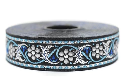 10 Meter 22 mm blau und silber metallic Jacquardband gewebt mit bayerischem Blumenmuster Rollen Borte Stoffband bestickt Handwerk Kleidung Kurzwaren Basteln Dekoration Nähen 22904 V2 von Fantastic Kurdele