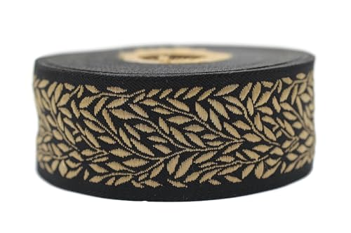 10 Meter 35 mm schwarz und gold Jacquard-Band gewebt mit Blattmotiv Rollen Borte bestickt Handwerk Kleidung Kurzwaren Hobby Kreativ Dekoration Mittelalter 35270-V10 von Fantastic Kurdele