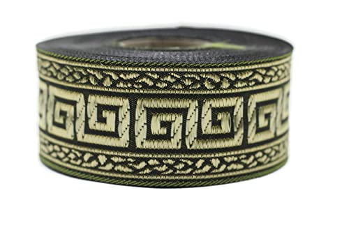 10 Meter Spule 35 mm breit Grün Gold Griechischer Schlüssel Jacquard Band Mittelalter Stoff Besatz Geschenkverpackung Hochzeit Party Dekoration 35060 von Fantastic Kurdele
