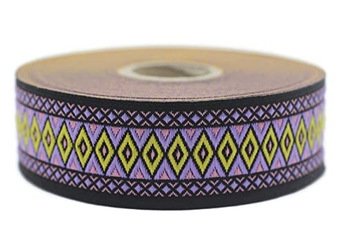 10 Meter Web Borte Webband Jacquardborte Trachtenborte Stickerei Violett-Gelb Geometrisch Diamant 25mm von Fantastic Kurdele