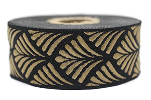 11 Yard Spule 3,5 cm breit golden-schwarz Muschelband bestickt gewebtes Muschelband Jacquard Band 35273 von Fantastic Kurdele