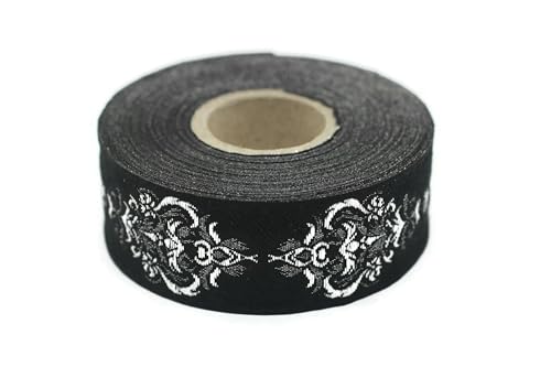 25918-V1 Barock-Jacquard-Band, mittelalterlicher Rand, gewebt, Retro-Stoff, Heimdekoration, Kostümdesign, 10 m Spule, 2,5 cm breit, Schwarz und Silber von Fantastic Kurdele