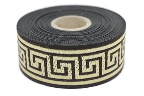 35062 Band mit griechischem Schlüssel-Jacquard-Bordüre, besticktes Band, gewebte Bordüre, Vintage-Bordüre, 3,5 cm breit, Braun und Gold, 9,1 m 35062 Band mit griechischem Schlüssel-Jacquard-Bordüre, besticktes Band, gewebte Bordüre, Vintage-Bordüre, 3,5 cm breit, Braun und Gold, 9,1 m von Fantastic Kurdele