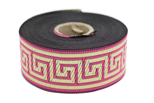 35062 Band mit griechischem Schlüssel-Jacquard-Bordüre, besticktes Band, gewebte Bordüre, Vintage-Bordüre, 3,5 cm breit, Rosa und Gold, 9,1 m 35062 Band mit griechischem Schlüssel-Jacquard-Bordüre, besticktes Band, gewebte Bordüre, Vintage-Bordüre, 3,5 cm breit, Rosa und Gold, 9,1 m von Fantastic Kurdele