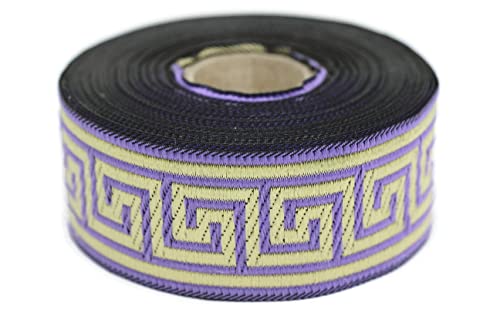 35062 Band mit griechischem Schlüssel-Jacquard-Bordüre, besticktes Band, gewebte Bordüre, Vintage-Bordüre, 3,5 cm breit, Violett und Gold, 9,1 m 35062 Band mit griechischem Schlüssel-Jacquard-Bordüre, besticktes Band, gewebte Bordüre, Vintage-Bordüre, 3,5 cm breit, Violett und Gold, 9,1 m von Fantastic Kurdele