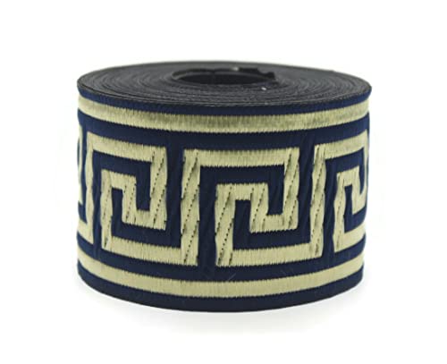50062 Jacquard-Bordüre, 5 cm breit, marineblau und gold, griechischer Schlüssel, Jacquard-Bordüre, gewebte Bordüre, Vintage, dekorativer Mäander, Bundband, Gurtband, Bordüre 50062 Jacquard-Bordüre, 5 cm breit, marineblau und gold, griechischer Schlüssel, Jacquard-Bordüre, gewebte Bordüre, Vintage, dekorativer Mäander, Bundband, Gurtband, Bordüre von Fantastic Kurdele