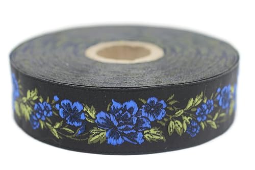 Jacquard-Band, gewebt, Blau und Schwarz – Mitternachtsblume 10 m x 25 mm – Rollen besticktes Band zum Nähen Dekoration 25096-V6 von Fantastic Kurdele