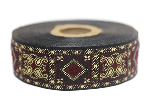 Jacquard-Band, gewebt, Bordeauxrot und Gold, geometrisch, 10 m x 25 mm – Rolle, besticktes Band, für Nähen, Dekoration 25587-V3 von Fantastic Kurdele