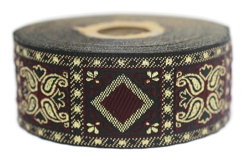 Jacquard-Band, gewebt, Bordeauxrot und Gold, geometrisch, 10 m x 35 mm – Rolle, besticktes Band, für Nähen, Dekoration 35587-V3 von Fantastic Kurdele