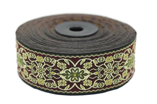 Jacquard-Band, gewebt, Bordeauxrot und Olivgrün, Barock-Blumen, 10 m x 35 mm – Rolle, besticktes Band, für Nähen, Dekoration 35939-V3 von Fantastic Kurdele