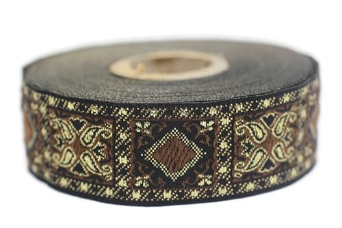 Jacquard-Band, gewebt, Braun und Gold, geometrisches Metallic, 10 m x 25 mm – Rolle, besticktes Band, zum Nähen, Dekoration 25587-V2 von Fantastic Kurdele