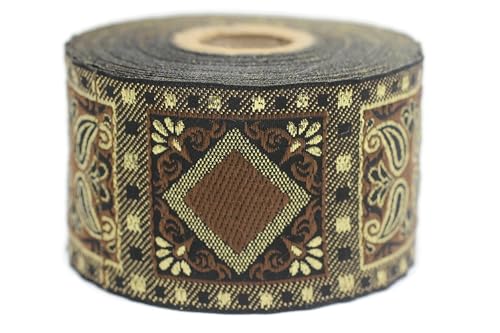 Jacquard-Band, gewebt, Braun und Gold, geometrisches Metallic, 10 m x 50 mm – Rolle, besticktes Band, zum Nähen, Dekoration 50587-V2 Jacquard-Band, gewebt, Braun und Gold, geometrisches Metallic, 10 m x 50 mm – Rolle, besticktes Band, zum Nähen, Dekoration 50587-V2 von Fantastic Kurdele