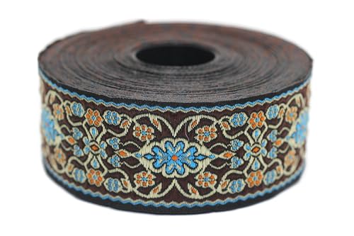 Jacquard-Band, gewebt, Braun und Hellblau, Barock-Blumen, 10 m x 35 mm – Rolle, besticktes Band, zum Nähen, Dekoration 35939-V5 von Fantastic Kurdele