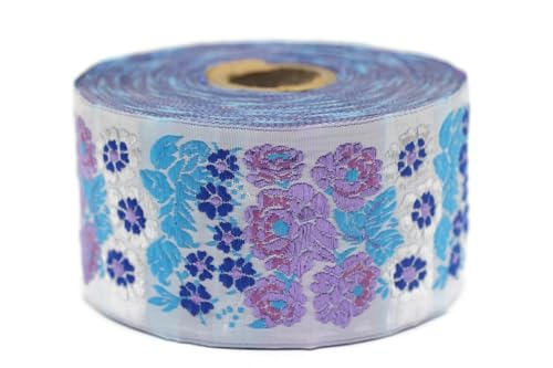 Jacquard-Band, gewebt, Flieder und Hellblau, Secret Garden, 10 m x 50 mm – Rolle, besticktes Band, zum Nähen, Dekoration 50097-V8 von Fantastic Kurdele