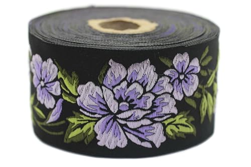 Jacquard-Band, gewebt, Flieder und Schwarz – Mitternachtsblume, 10 m x 50 mm – Rolle, besticktes Band, für Nähen, Dekoration 50096-V3 Jacquard-Band, gewebt, Flieder und Schwarz – Mitternachtsblume, 10 m x 50 mm – Rolle, besticktes Band, für Nähen, Dekoration 50096-V3 von Fantastic Kurdele