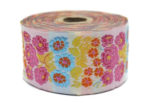 Jacquard-Band, gewebt, Fuchsia und Himmelblau, 10 m x 50 mm – Rolle, besticktes Band, zum Nähen, Dekoration 50097-V7 Jacquard-Band, gewebt, Fuchsia und Himmelblau, 10 m x 50 mm – Rolle, besticktes Band, zum Nähen, Dekoration 50097-V7 von Fantastic Kurdele