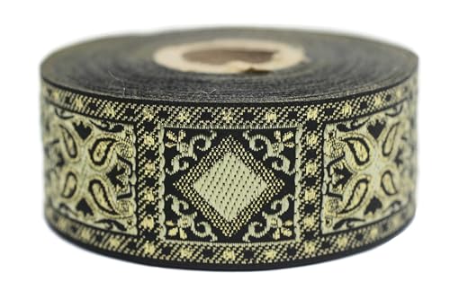 Jacquard-Band, gewebt, Gelb und Gold, geometrisches Metallic, 10 m x 35 mm – Rolle, besticktes Band, für Nähen, Dekoration 35587-V5 von Fantastic Kurdele