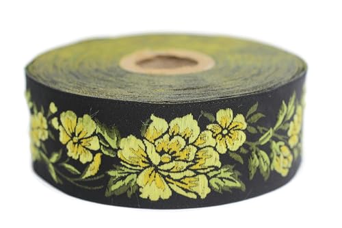 Jacquard-Band, gewebt, Gelb und Schwarz – Mitternachtsblume 10 m x 35 mm – Rollen besticktes Band zum Nähen Dekoration 35096-V2 Jacquard-Band, gewebt, Gelb und Schwarz – Mitternachtsblume 10 m x 35 mm – Rollen besticktes Band zum Nähen Dekoration 35096-V2 von Fantastic Kurdele
