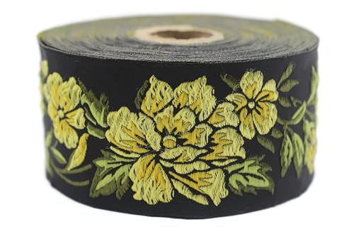 Jacquard-Band, gewebt, Gelb und Schwarz – Mitternachtsblume 10 m x 50 mm – Rollen besticktes Band zum Nähen Dekoration 50096-V2 Jacquard-Band, gewebt, Gelb und Schwarz – Mitternachtsblume 10 m x 50 mm – Rollen besticktes Band zum Nähen Dekoration 50096-V2 von Fantastic Kurdele