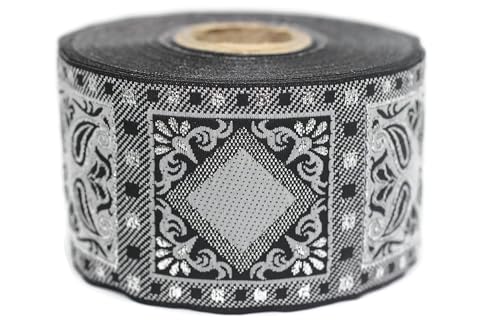 Jacquard-Band, gewebt, Grau und Silber, geometrisches Metallic, 10 m x 35 mm – Rolle, besticktes Band, für Nähen, Dekoration 50587-V1 Jacquard-Band, gewebt, Grau und Silber, geometrisches Metallic, 10 m x 35 mm – Rolle, besticktes Band, für Nähen, Dekoration 50587-V1 von Fantastic Kurdele