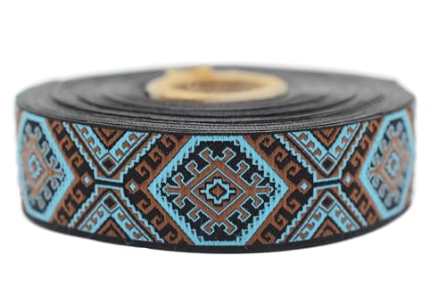Jacquard-Band, gewebt, Hellblau und Fuchsienbraun, 10 m x 25 mm – Rolle, besticktes Band, zum Nähen, Dekoration 25708-V7 von Fantastic Kurdele