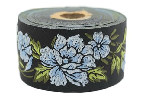 Jacquard-Band, gewebt, Hellblau und Schwarz – Mitternachtsblume, 10 m x 50 mm – Rolle, besticktes Band, für Nähen, Dekoration, 50096-V1 Jacquard-Band, gewebt, Hellblau und Schwarz – Mitternachtsblume, 10 m x 50 mm – Rolle, besticktes Band, für Nähen, Dekoration, 50096-V1 von Fantastic Kurdele