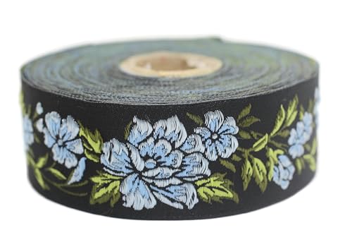 Jacquard-Band, gewebt, Hellblau und Schwarz – Mitternachtsblume 10 m x 35 mm – Rollen besticktes Band zum Nähen Dekoration 35096-V1 Jacquard-Band, gewebt, Hellblau und Schwarz – Mitternachtsblume 10 m x 35 mm – Rollen besticktes Band zum Nähen Dekoration 35096-V1 von Fantastic Kurdele