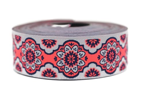 Jacquard-Band, gewebt, Koralle und Marineblau, Sonnenblume, 10 m x 25 mm – Rolle, besticktes Band, zum Nähen, Dekoration 25707-V4 von Fantastic Kurdele