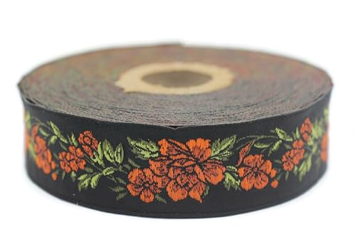 Jacquard-Band, gewebt, Orange und Schwarz – Mitternachtsblume 10 m x 25 mm – Rollen besticktes Band zum Nähen Dekoration 25096-V8 von Fantastic Kurdele