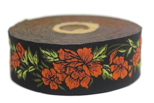 Jacquard-Band, gewebt, Orange und Schwarz – Mitternachtsblume 10 m x 35 mm – Rollen besticktes Band zum Nähen Dekoration 35096-V8 Jacquard-Band, gewebt, Orange und Schwarz – Mitternachtsblume 10 m x 35 mm – Rollen besticktes Band zum Nähen Dekoration 35096-V8 von Fantastic Kurdele