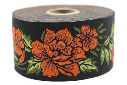 Jacquard-Band, gewebt, Orange und Schwarz – Mitternachtsblume 10 m x 50 mm – Rollen besticktes Band zum Nähen Dekoration 50096-V8 von Fantastic Kurdele