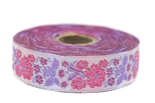 Jacquard-Band, gewebt, Rosa und Fuchsia, Secret Garden, 10 m x 22 mm – Rolle, besticktes Band, zum Nähen, Dekoration 22097-V5 von Fantastic Kurdele