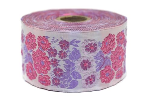 Jacquard-Band, gewebt, Rosa und Fuchsia, Secret Garden, 10 m x 50 mm – Rolle, besticktes Band, zum Nähen, Dekoration 50097-V5 von Fantastic Kurdele