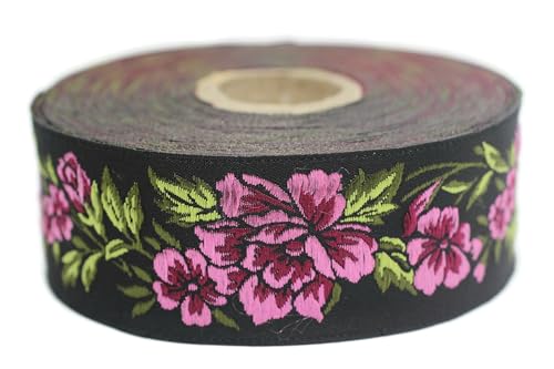 Jacquard-Band, gewebt, Rosa und Schwarz – Mitternachtsblume 10 m x 35 mm – Rollen besticktes Band zum Nähen Dekoration 35096-V5 Jacquard-Band, gewebt, Rosa und Schwarz – Mitternachtsblume 10 m x 35 mm – Rollen besticktes Band zum Nähen Dekoration 35096-V5 von Fantastic Kurdele