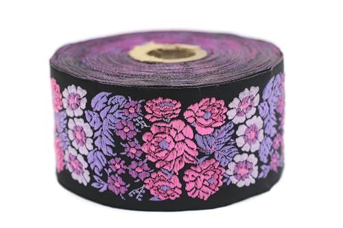 Jacquard-Band, gewebt, Rosa und Violett, Secret Garden, 10 m x 50 mm – Rolle, besticktes Band, zum Nähen, Dekoration 50097-V1 von Fantastic Kurdele