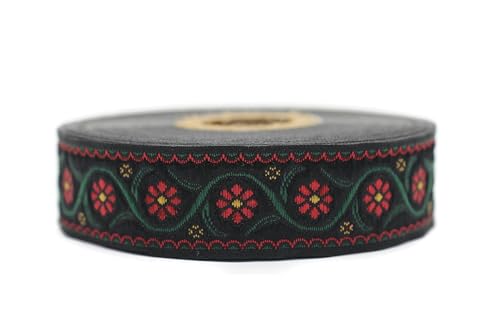 Jacquard-Band, gewebt, Rot und Grün, Boheme-Blumen, 10 m x 22 mm – Rolle, besticktes Band, zum Nähen, Dekoration 22938-V1 von Fantastic Kurdele