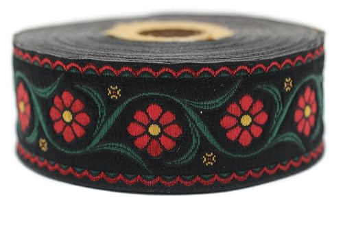 Jacquard-Band, gewebt, Rot und Grün, Boheme-Blumen, 10 m x 35 mm – Rolle, besticktes Band, zum Nähen, Dekoration 35938-V1 von Fantastic Kurdele