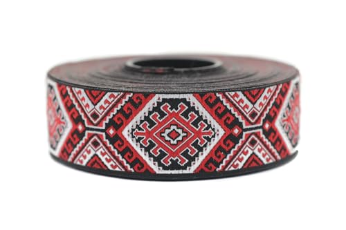 Jacquard-Band, gewebt, Rot und Schwarz, Stern, 10 m x 25 mm – Rolle, besticktes Band, zum Nähen, Dekoration 25708-V8 von Fantastic Kurdele