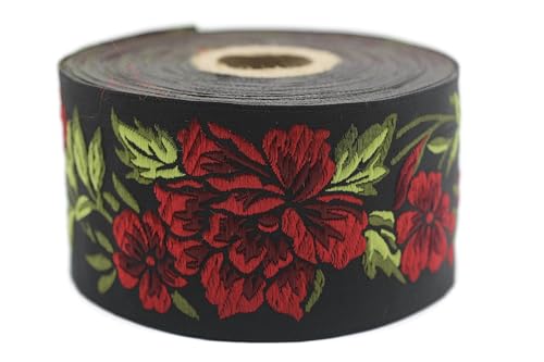 Jacquard-Band, gewebt, Rot und Schwarz – Mitternachtsblume 10 m x 50 mm – Rollen besticktes Band zum Nähen Dekoration 50096-V4 Jacquard-Band, gewebt, Rot und Schwarz – Mitternachtsblume 10 m x 50 mm – Rollen besticktes Band zum Nähen Dekoration 50096-V4 von Fantastic Kurdele