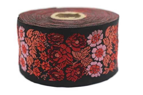 Jacquard-Band, gewebt, Rot und Terrakotta, Secret Garden, 10 m x 50 mm – Rollen besticktes Band für Nähen, Dekoration 50097-V2 von Fantastic Kurdele