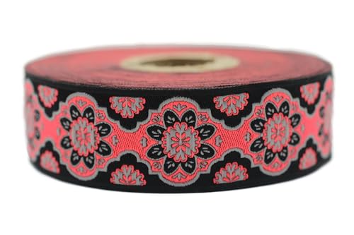 Jacquard-Band, gewebt, Schwarz und Koralle, lebendige Sonnenblume, 10 m x 25 mm – Rolle, besticktes Band, zum Nähen, Dekoration 25707-V5 von Fantastic Kurdele