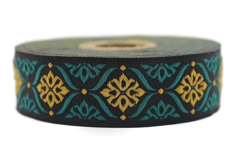 Jacquard-Band, gewebt, Senfgelb und Smaragdgrün, Elegance, Mosaik, 10 m x 25 mm – Rolle, besticktes Band, zum Nähen, Dekoration 25973-V4 von Fantastic Kurdele