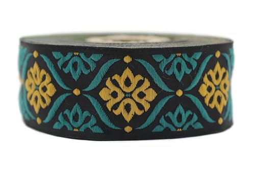 Jacquard-Band, gewebt, Senfgelb und Smaragdgrün, Elegance, Mosaik, 10 m x 35 mm – Rolle, besticktes Band, für Näharbeiten, Dekoration 35973-V4 von Fantastic Kurdele