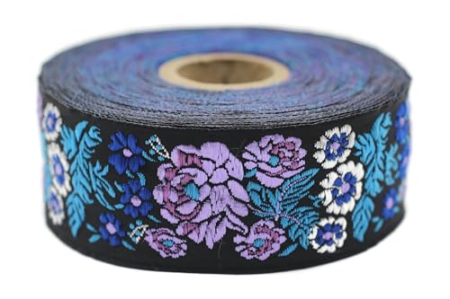 Jacquard-Band, gewebt, Violett und Blau, Secret Garden, 10 m x 35 mm – Rolle, besticktes Band, zum Nähen, Dekoration 35097-V4 von Fantastic Kurdele