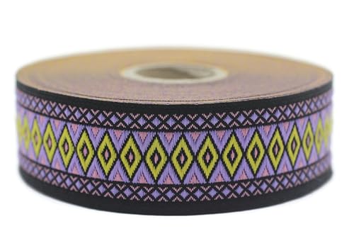 Jacquard-Band, gewebt, Violett und Gelb, vibrierende Rauten, 10 m x 28 mm – Rolle besticktes Band zum Nähen Dekoration 28119-V3 Jacquard-Band, gewebt, Violett und Gelb, vibrierende Rauten, 10 m x 28 mm – Rolle besticktes Band zum Nähen Dekoration 28119-V3 von Fantastic Kurdele