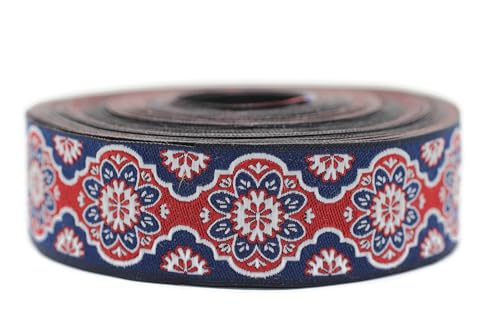 Jacquard-Band, gewebt, Ziegelrot und Marineblau, Sonnenblume, 10 m x 25 mm – Rolle, besticktes Band, zum Nähen, Dekoration 25707-V7 von Fantastic Kurdele