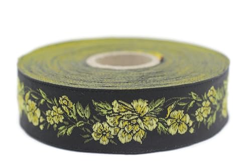 Jacquard-Band, gewebt, blau, gelb und schwarz – Mitternachtsblume 10 m x 25 mm – Rolle besticktes Band zum Nähen Dekoration 25096-V2 von Fantastic Kurdele